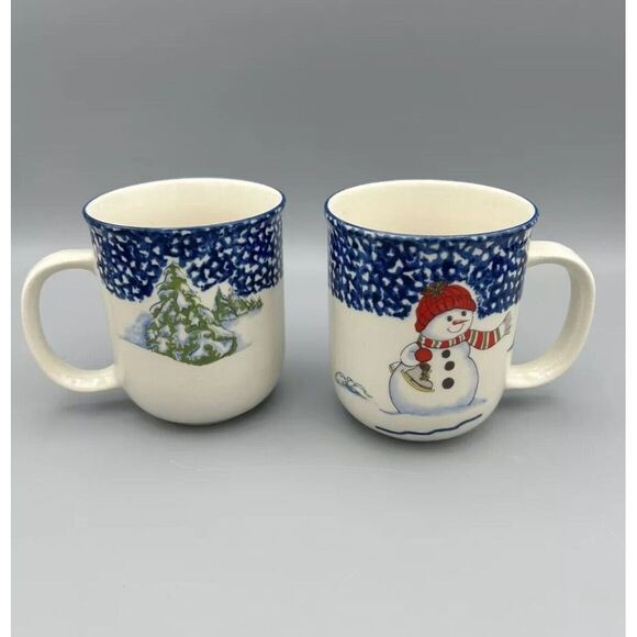 THOMSON POTTERY CHINA SNOWMAN COFFEE MUGS SET OF 2- RETIRED PATTERN - Picture 1 of 4